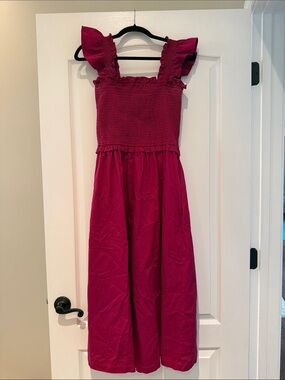 Fuchsia Smocked Bodice Midi Dress with Ruffle Straps